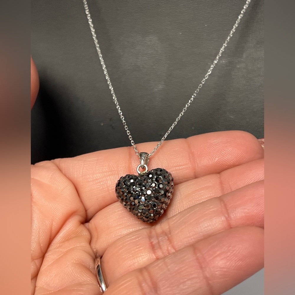 Swarovski Crystal Black Pave Heart Necklace on solid Silver 925 Chain NEW